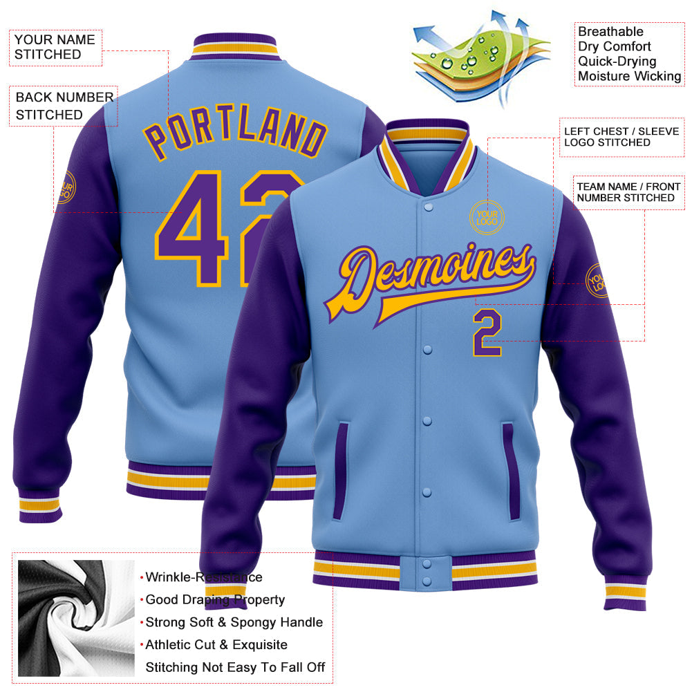 Custom Light Blue Purple-Gold Bomber Full-Snap Varsity Letterman Two Tone Jacket view 5