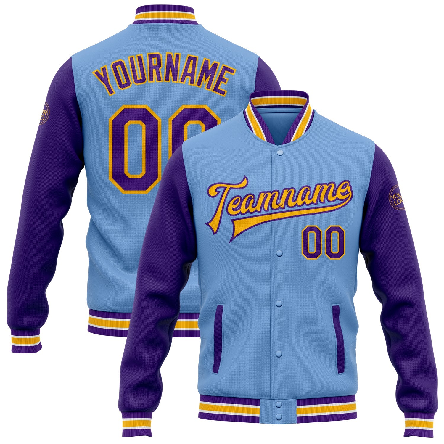Custom Light Blue Purple-Gold Bomber Full-Snap Varsity Letterman Two Tone Jacket - Main View