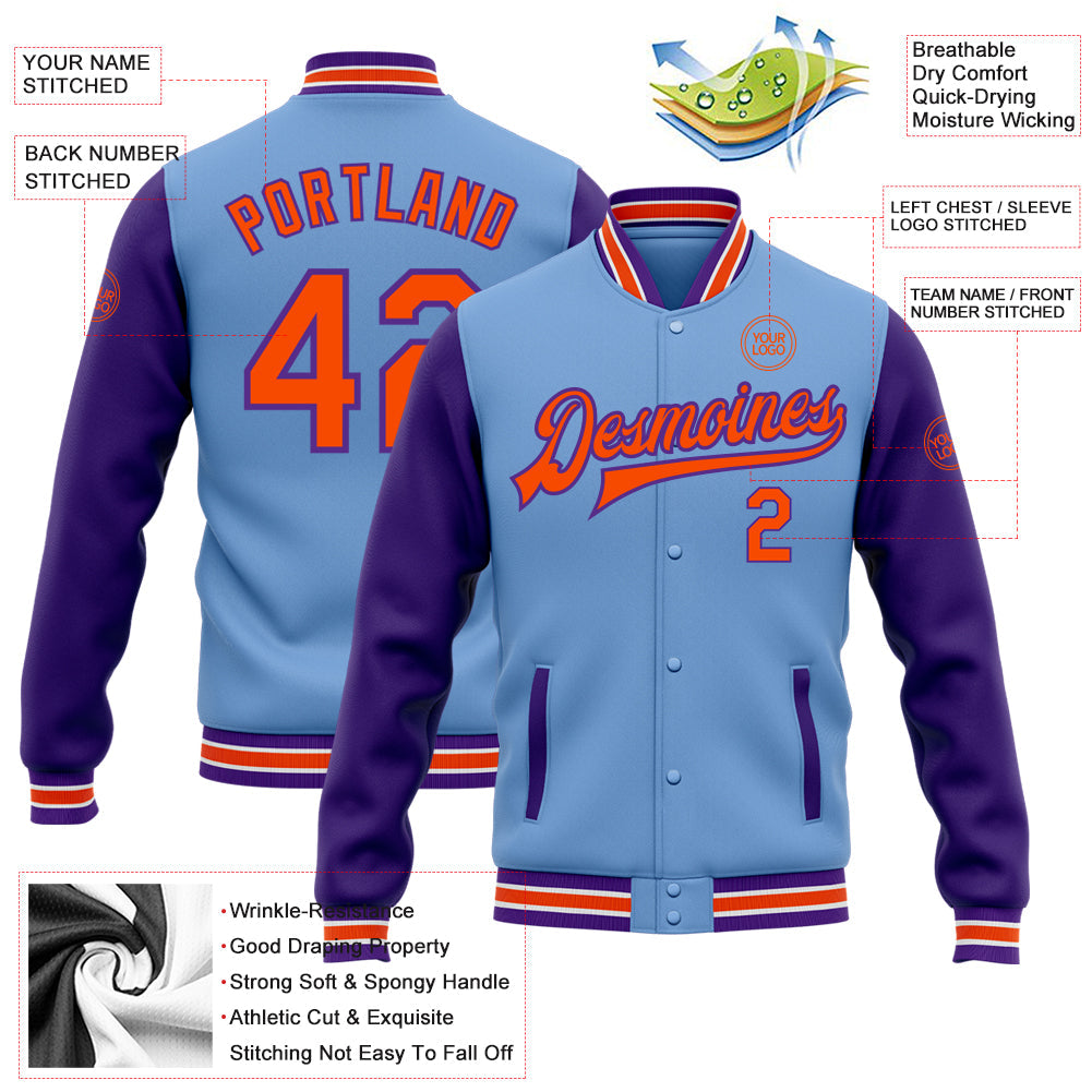 Custom Light Blue Orange-Purple Bomber Full-Snap Varsity Letterman Two Tone Jacket view 5