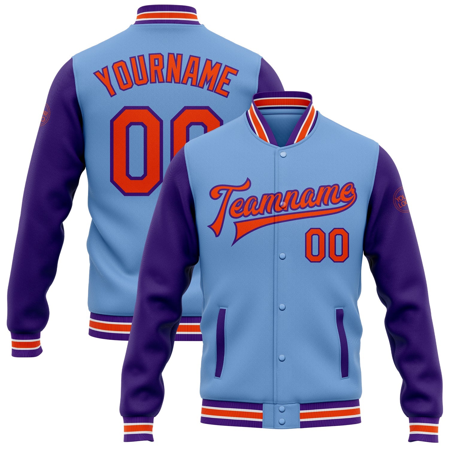 Custom Light Blue Orange-Purple Bomber Full-Snap Varsity Letterman Two Tone Jacket - Main View