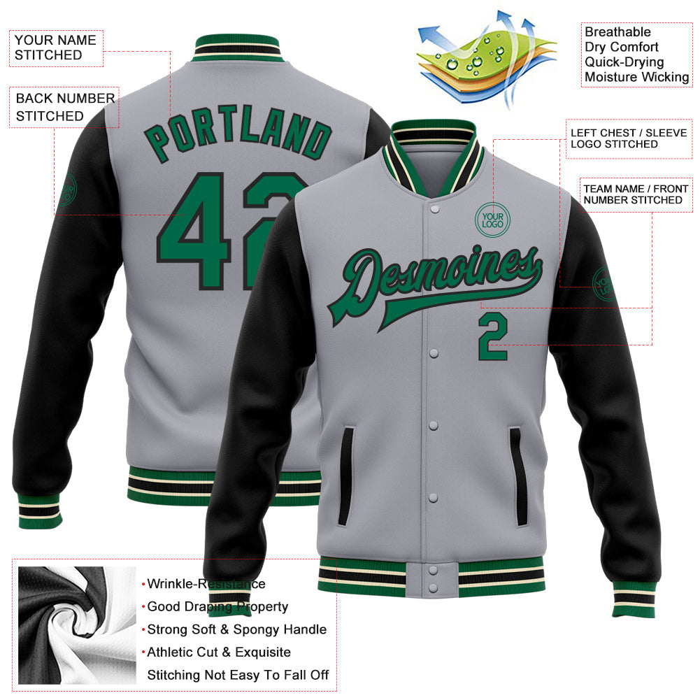 Custom Gray Kelly Green-Black Bomber Full-Snap Varsity Letterman Two Tone Jacket view 5