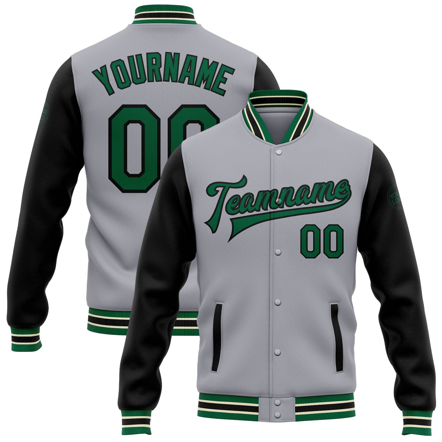 Custom Gray Kelly Green-Black Bomber Full-Snap Varsity Letterman Two Tone Jacket - Main View