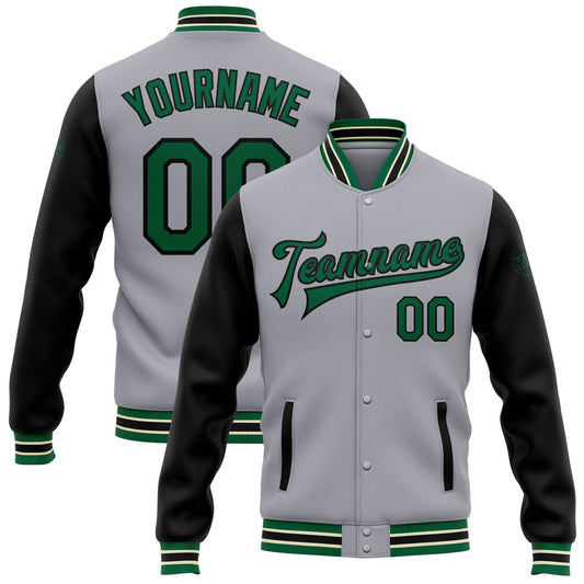 Custom Gray Kelly Green-Black Bomber Full-Snap Varsity Letterman Two Tone Jacket - Main View
