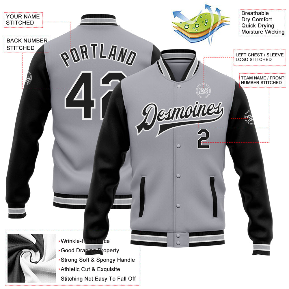 Custom Gray Black-White Bomber Full-Snap Varsity Letterman Two Tone Jacket view 5