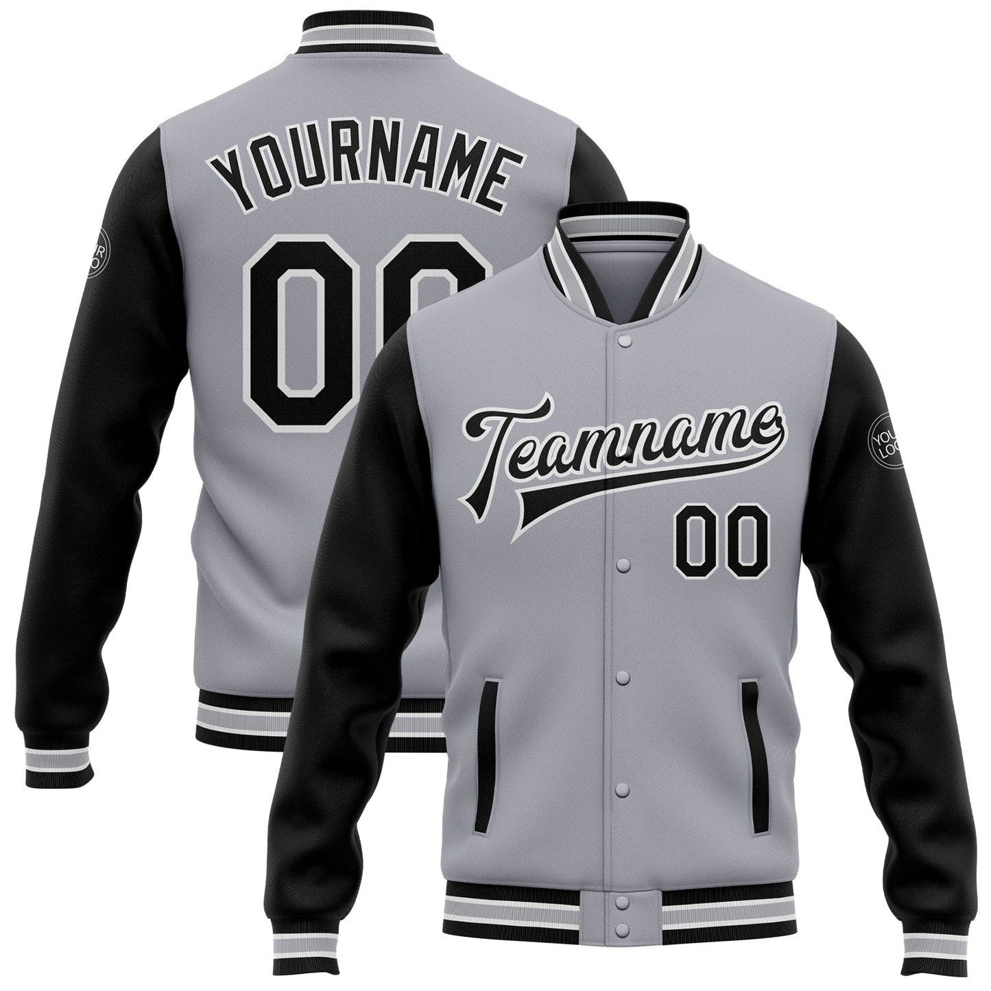 Custom Gray Black-White Bomber Full-Snap Varsity Letterman Two Tone Jacket - Main View