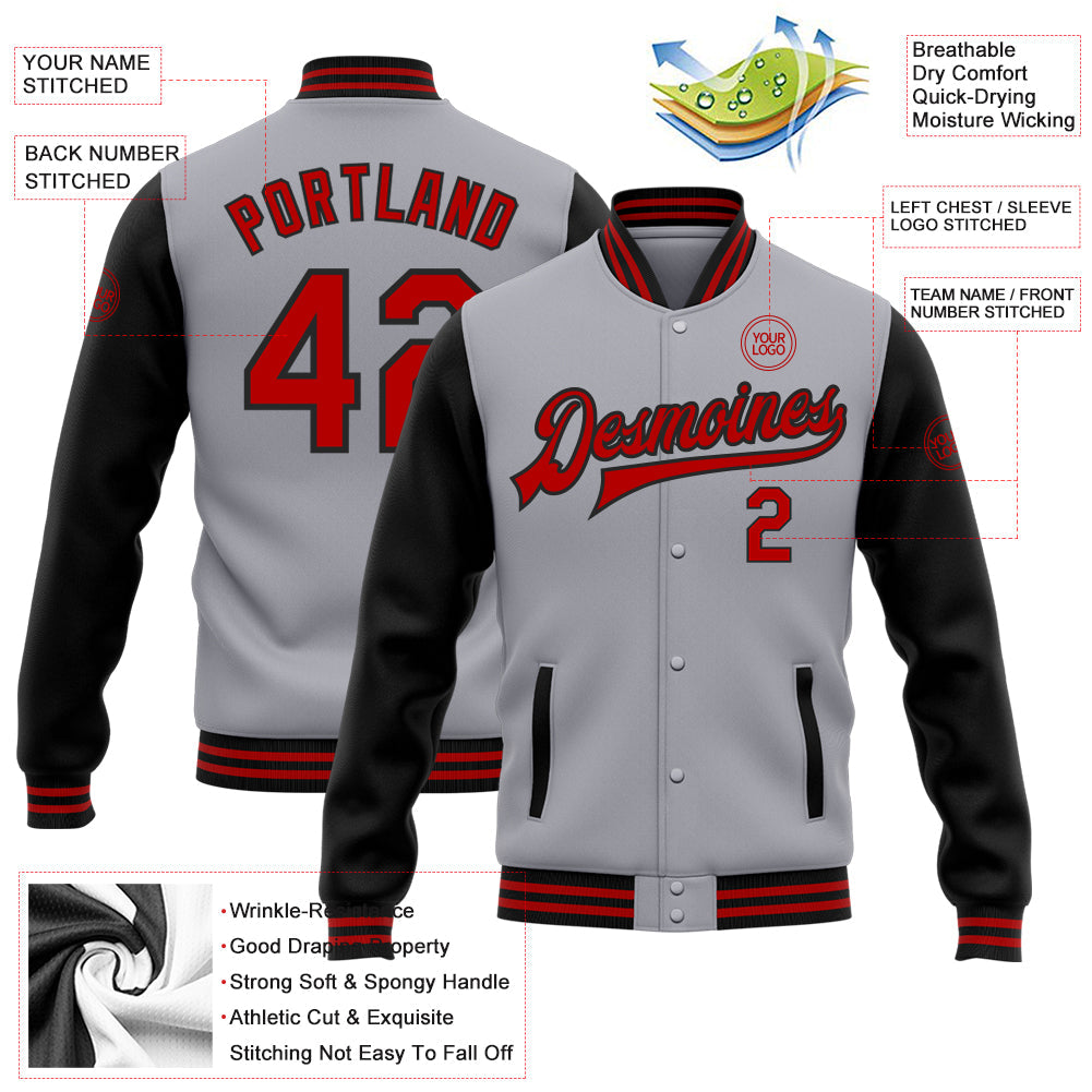 Custom Gray Red-Black Bomber Full-Snap Varsity Letterman Two Tone Jacket view 5