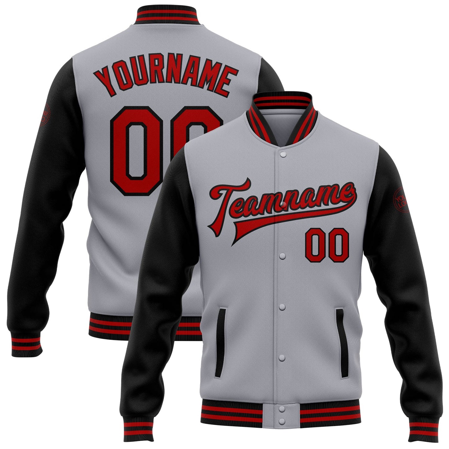 Custom Gray Red-Black Bomber Full-Snap Varsity Letterman Two Tone Jacket - Main View