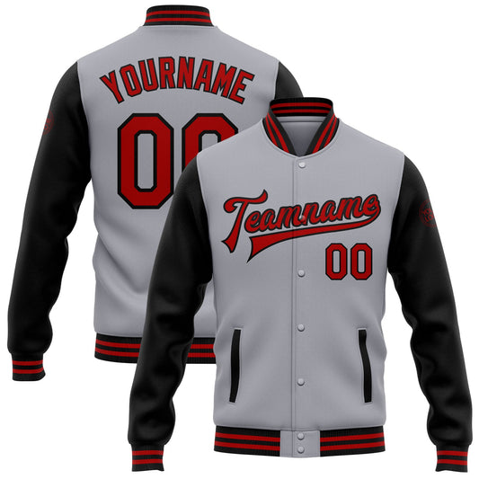 Custom Gray Red-Black Bomber Full-Snap Varsity Letterman Two Tone Jacket - Main View