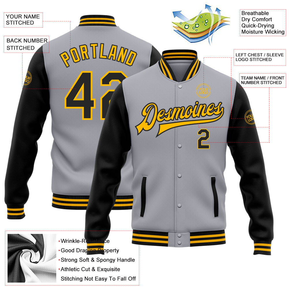 Custom Gray Black-Gold Bomber Full-Snap Varsity Letterman Two Tone Jacket view 5