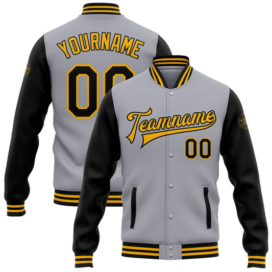 Custom Gray Black-Gold Bomber Full-Snap Varsity Letterman Two Tone Jacket - Main View