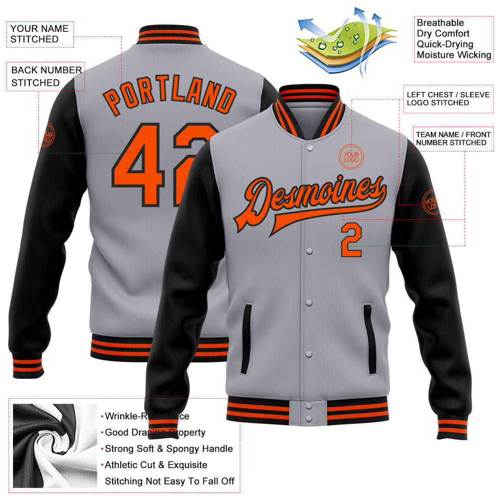 Custom Gray Orange-Black Bomber Full-Snap Varsity Letterman Two Tone Jacket view 5