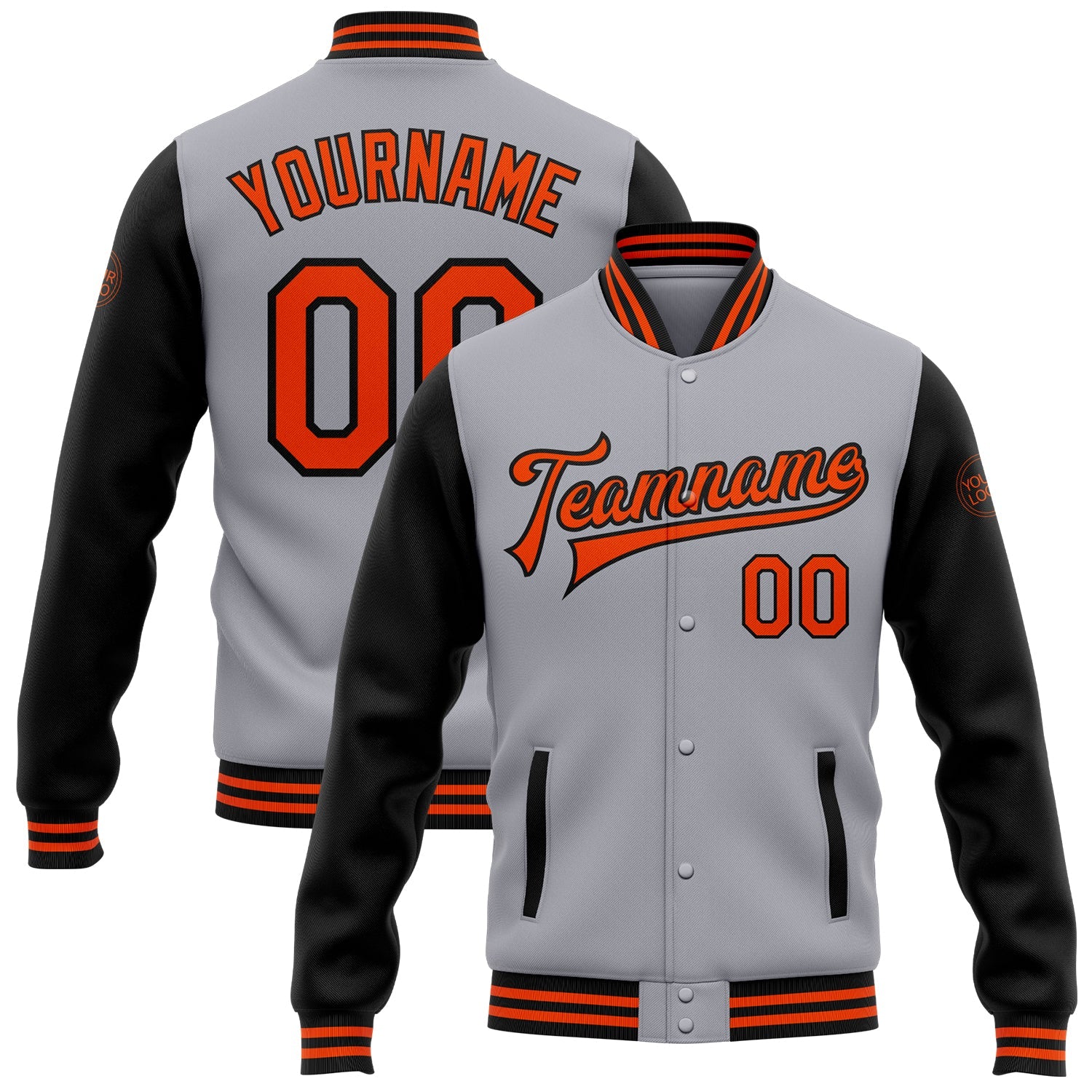 Custom Gray Orange-Black Bomber Full-Snap Varsity Letterman Two Tone Jacket - Main View