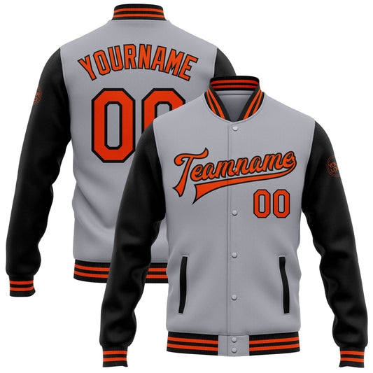 Custom Gray Orange-Black Bomber Full-Snap Varsity Letterman Two Tone Jacket - Main View