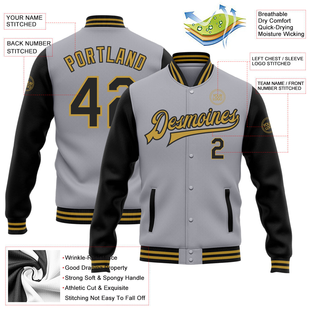 Custom Gray Black-Old Gold Bomber Full-Snap Varsity Letterman Two Tone Jacket view 5