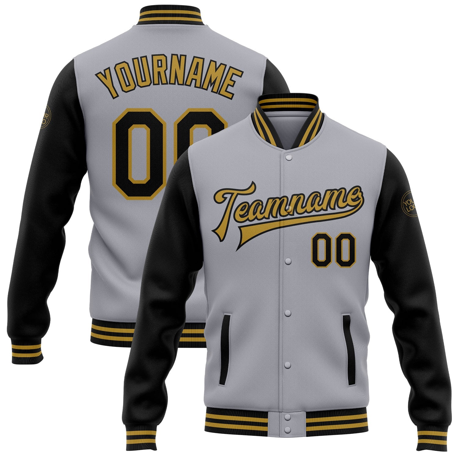 Custom Gray Black-Old Gold Bomber Full-Snap Varsity Letterman Two Tone Jacket - Main View