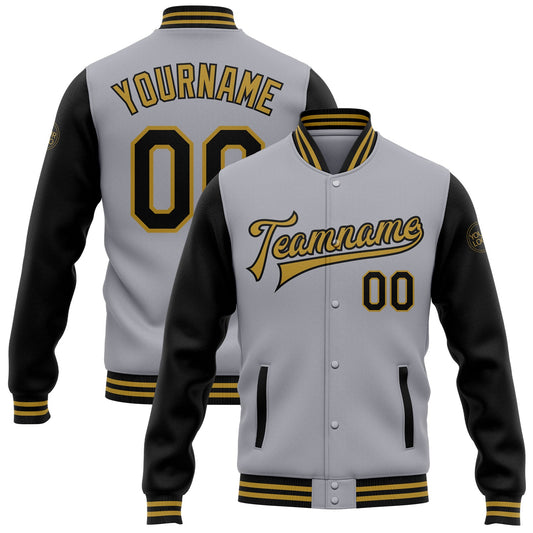 Custom Gray Black-Old Gold Bomber Full-Snap Varsity Letterman Two Tone Jacket - Main View