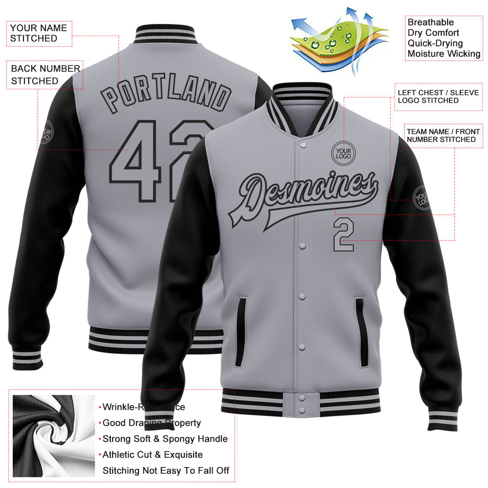 Custom Gray Black Bomber Full-Snap Varsity Letterman Two Tone Jacket view 5