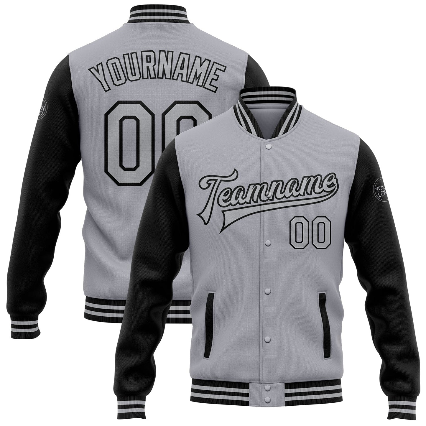 Custom Gray Black Bomber Full-Snap Varsity Letterman Two Tone Jacket - Main View