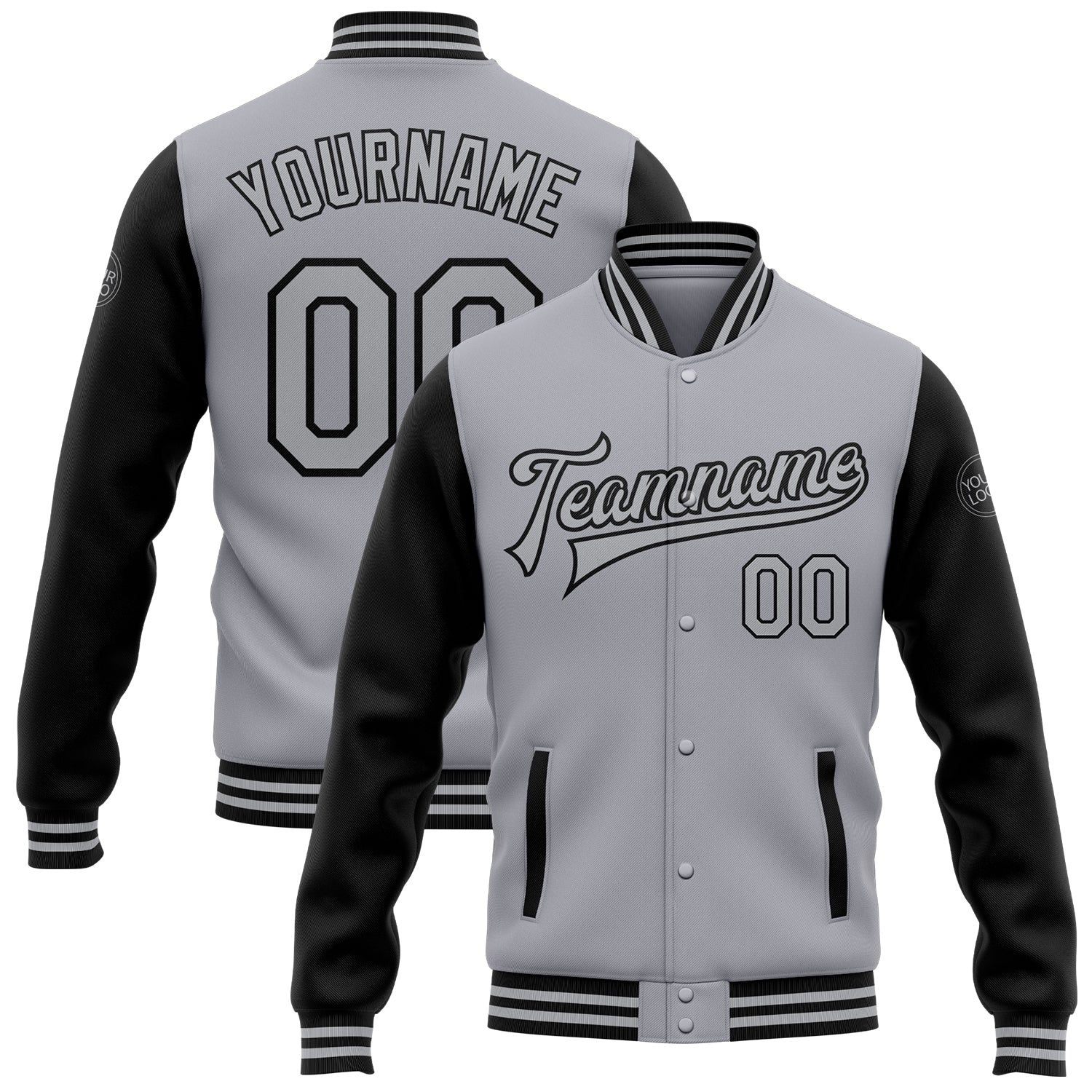 Custom Gray Black Bomber Full-Snap Varsity Letterman Two Tone Jacket - Main View