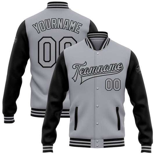 Custom Gray Black Bomber Full-Snap Varsity Letterman Two Tone Jacket - Main View