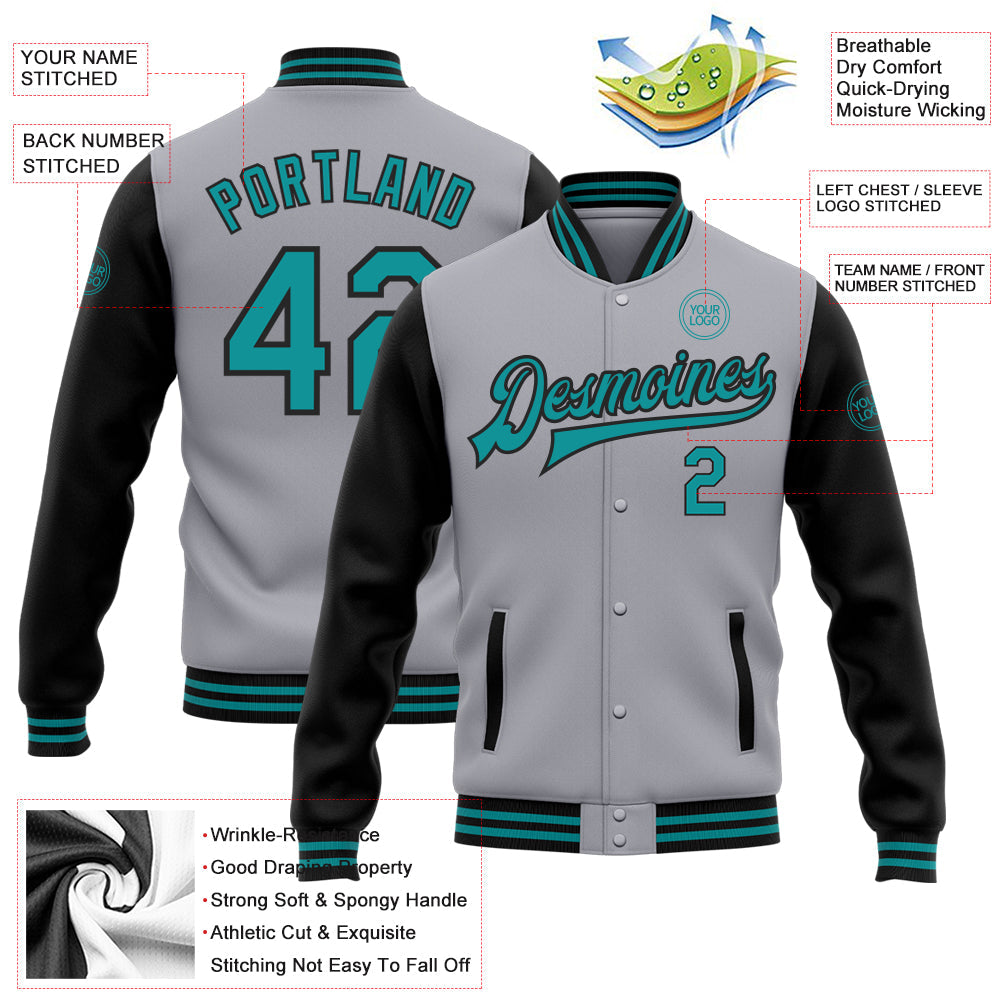 Custom Gray Teal-Black Bomber Full-Snap Varsity Letterman Two Tone Jacket view 5