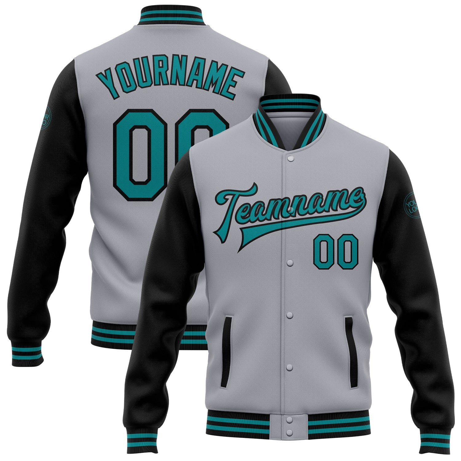 Custom Gray Teal-Black Bomber Full-Snap Varsity Letterman Two Tone Jacket - Main View
