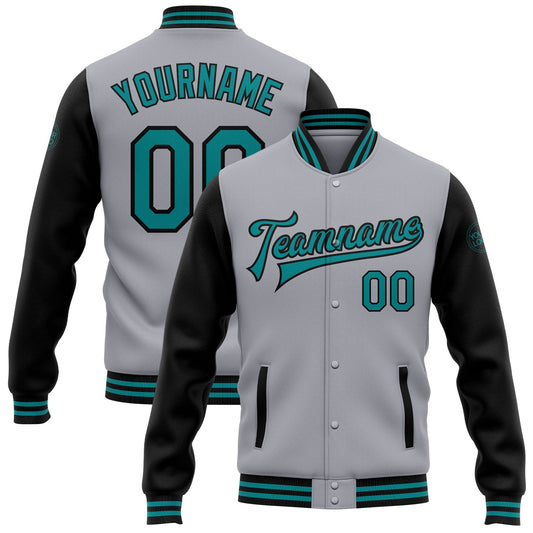 Custom Gray Teal-Black Bomber Full-Snap Varsity Letterman Two Tone Jacket - Main View