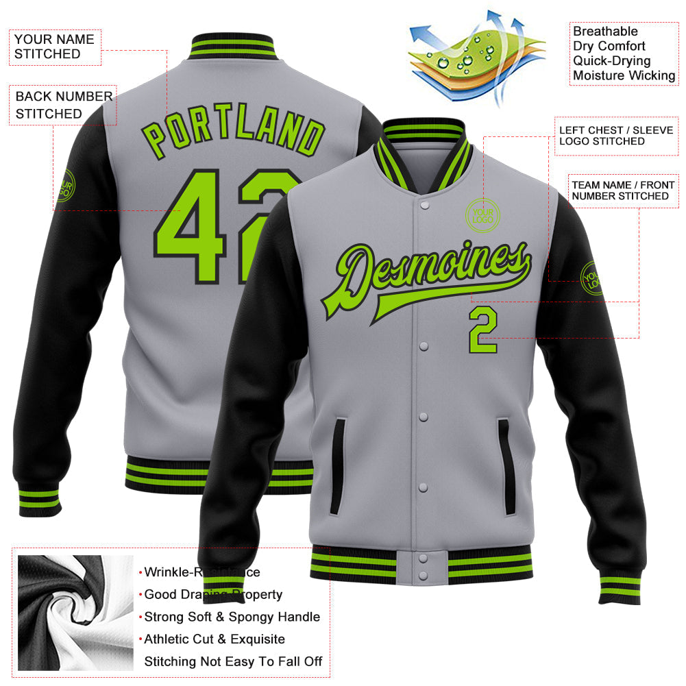 Custom Gray Neon Green-Black Bomber Full-Snap Varsity Letterman Two Tone Jacket view 5