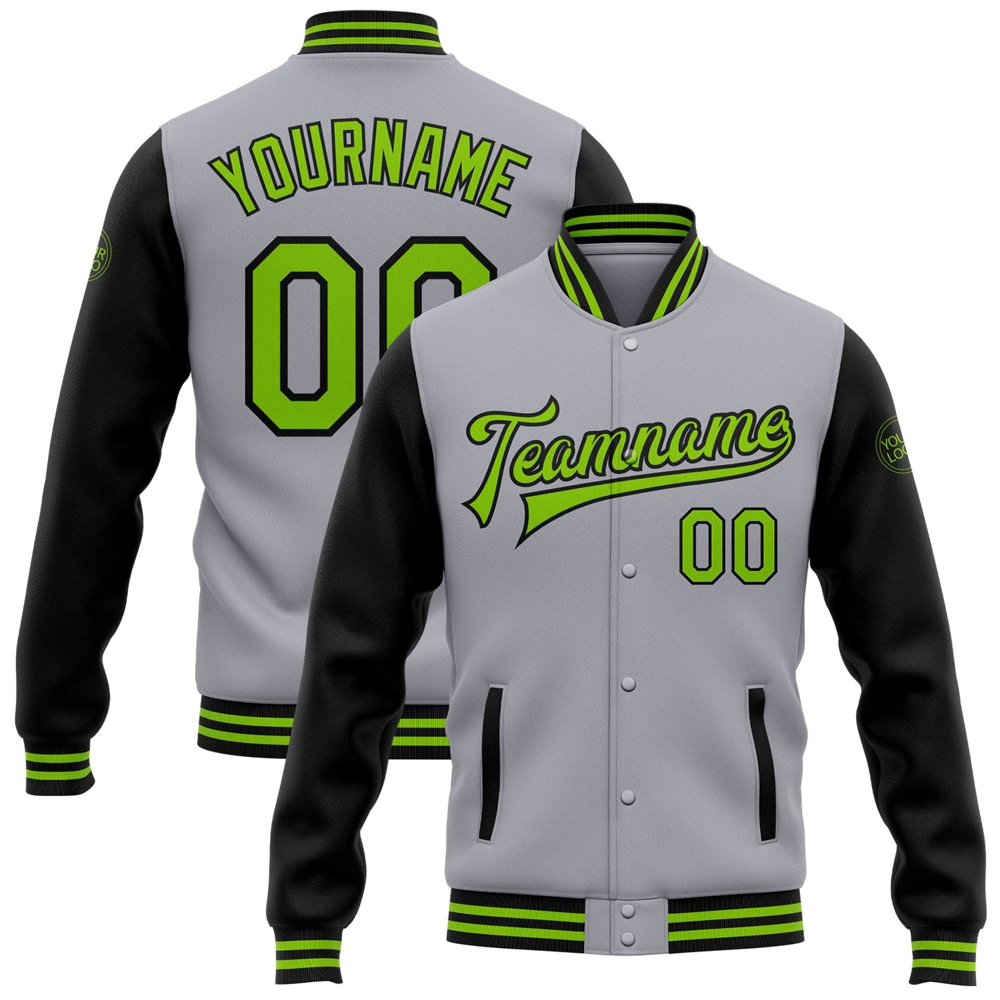 Custom Gray Neon Green-Black Bomber Full-Snap Varsity Letterman Two Tone Jacket - Main View