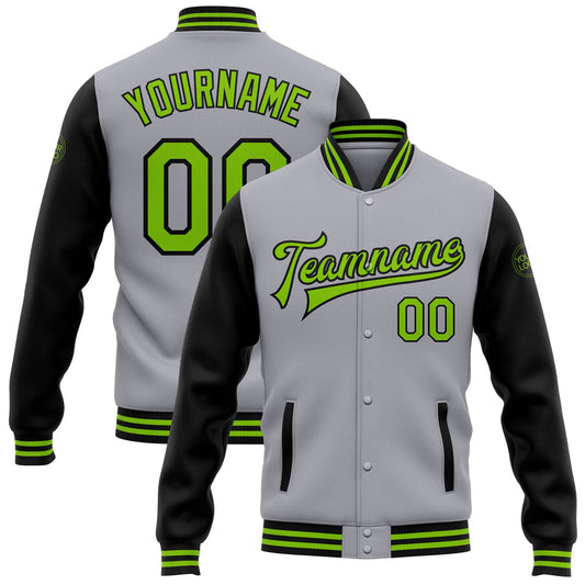 Custom Gray Neon Green-Black Bomber Full-Snap Varsity Letterman Two Tone Jacket - Main View