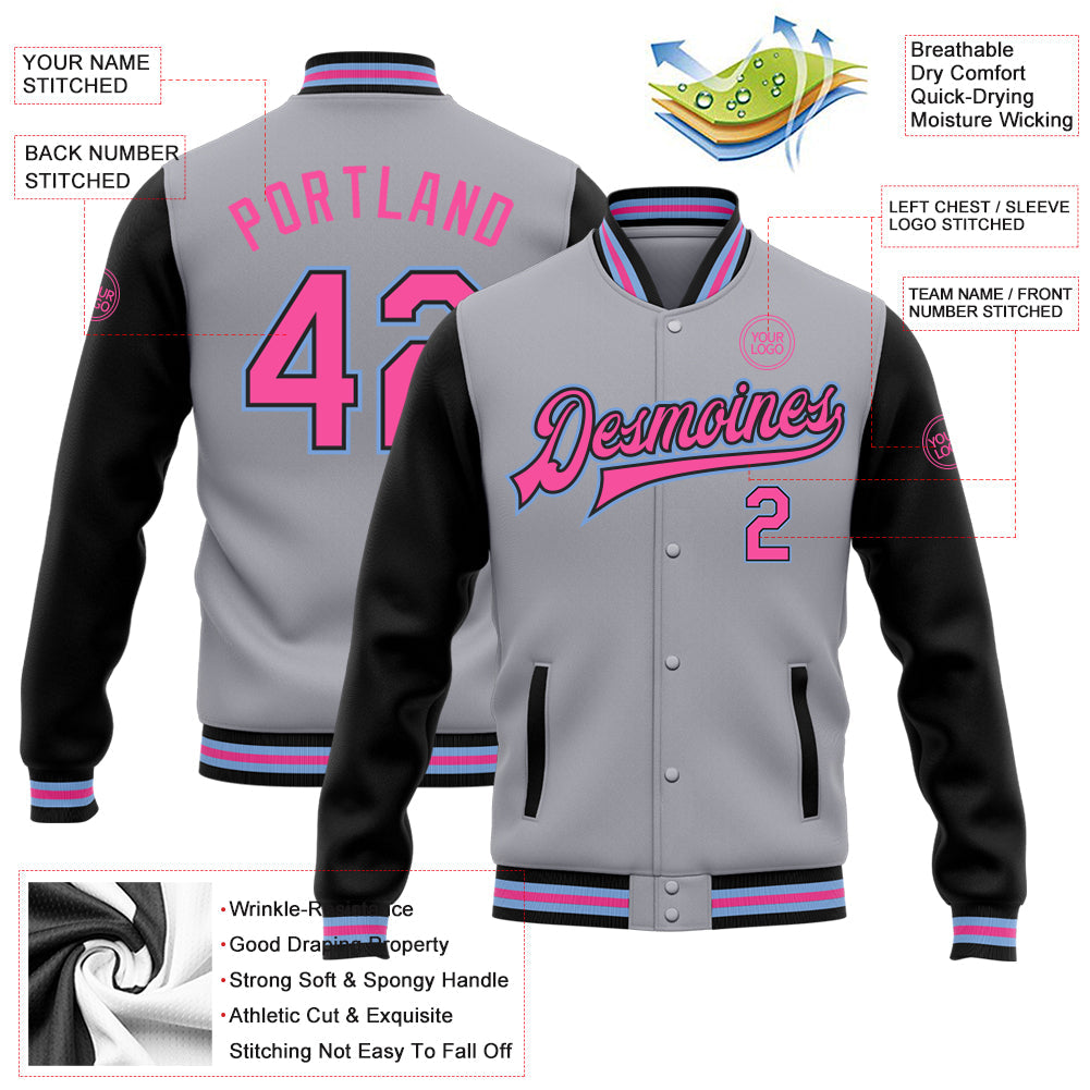 Custom Gray Pink Black-Light Blue Bomber Full-Snap Varsity Letterman Two Tone Jacket view 5