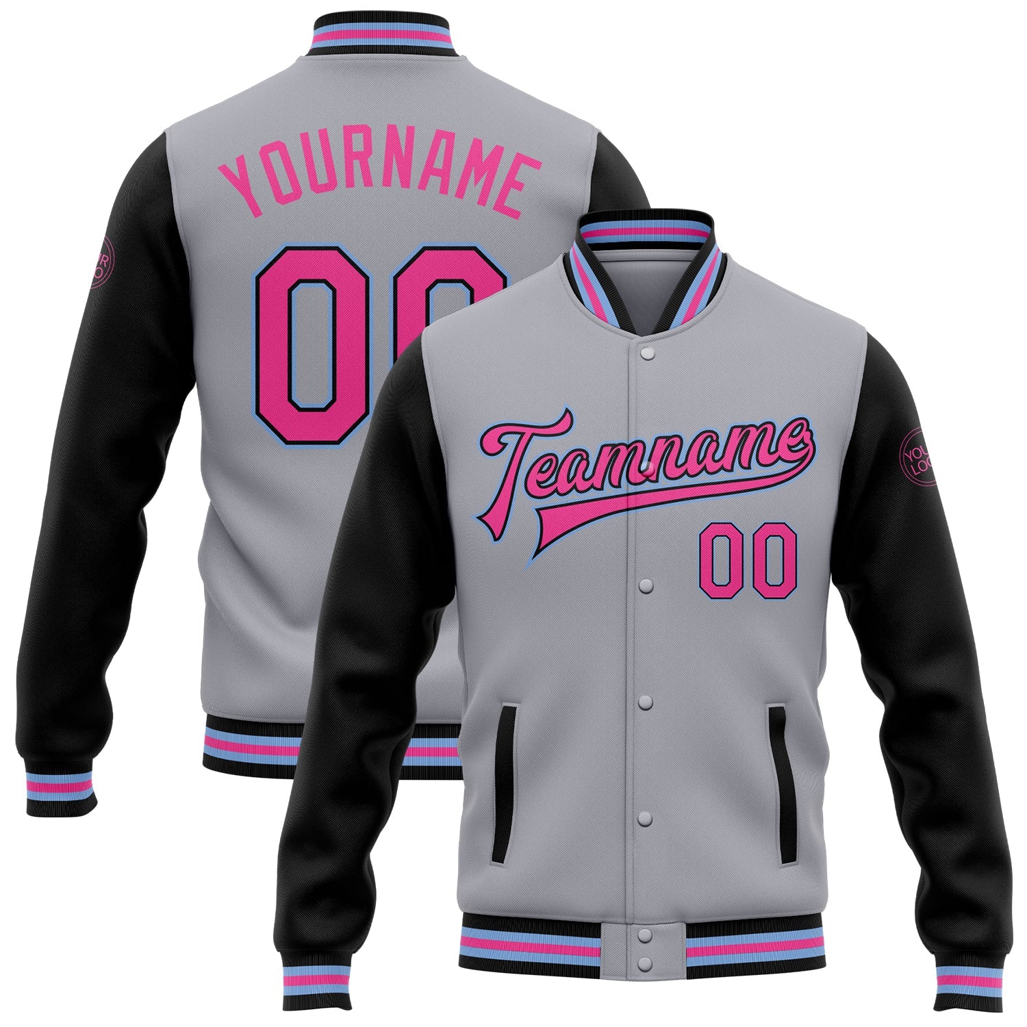 Custom Gray Pink Black-Light Blue Bomber Full-Snap Varsity Letterman Two Tone Jacket - Main View