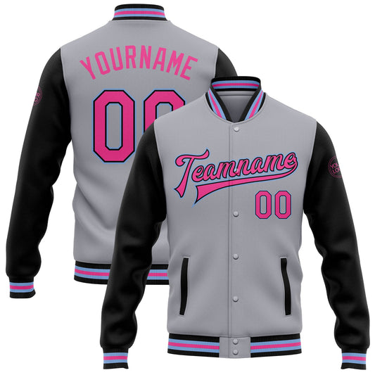 Custom Gray Pink Black-Light Blue Bomber Full-Snap Varsity Letterman Two Tone Jacket - Main View