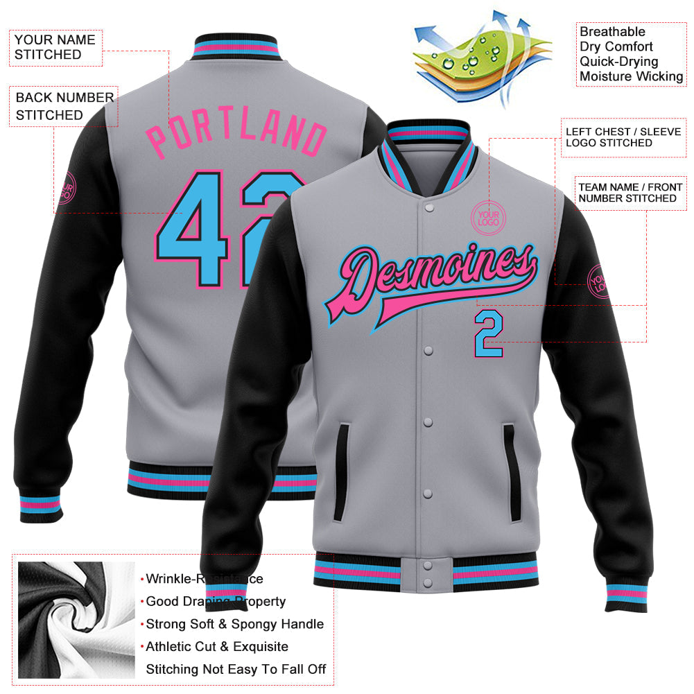 Custom Gray Sky Blue Black-Pink Bomber Full-Snap Varsity Letterman Two Tone Jacket view 5