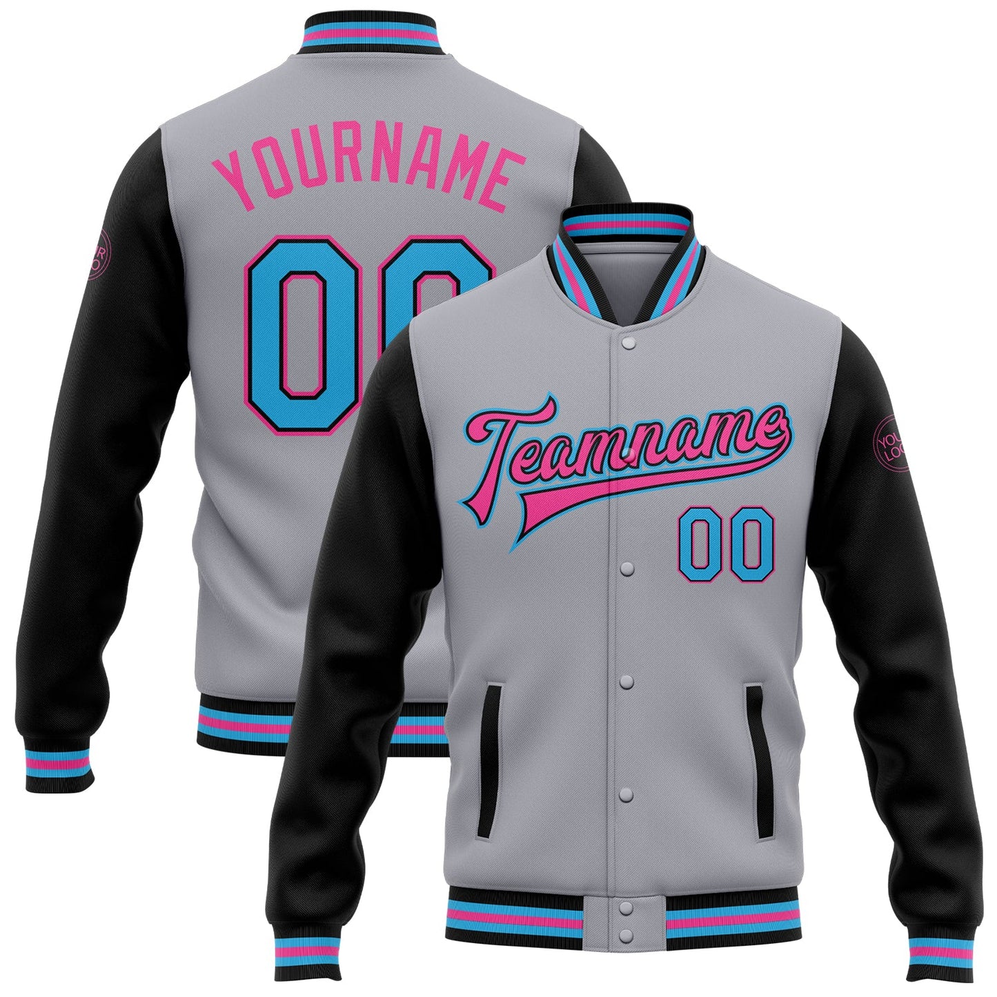Custom Gray Sky Blue Black-Pink Bomber Full-Snap Varsity Letterman Two Tone Jacket - Main View