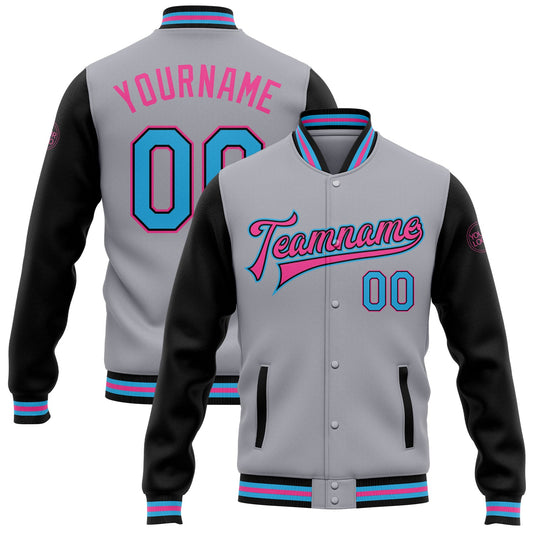 Custom Gray Sky Blue Black-Pink Bomber Full-Snap Varsity Letterman Two Tone Jacket - Main View