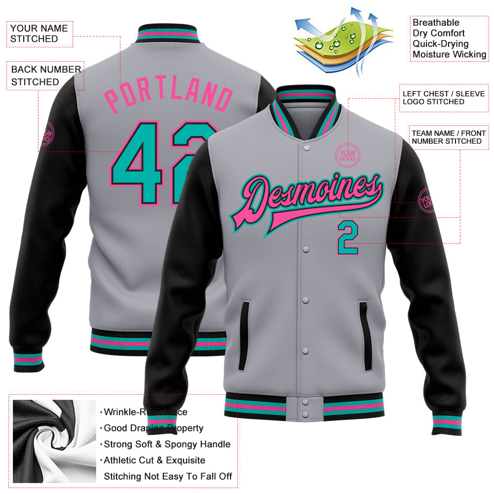 Custom Gray Aqua Black-Pink Bomber Full-Snap Varsity Letterman Two Tone Jacket view 5