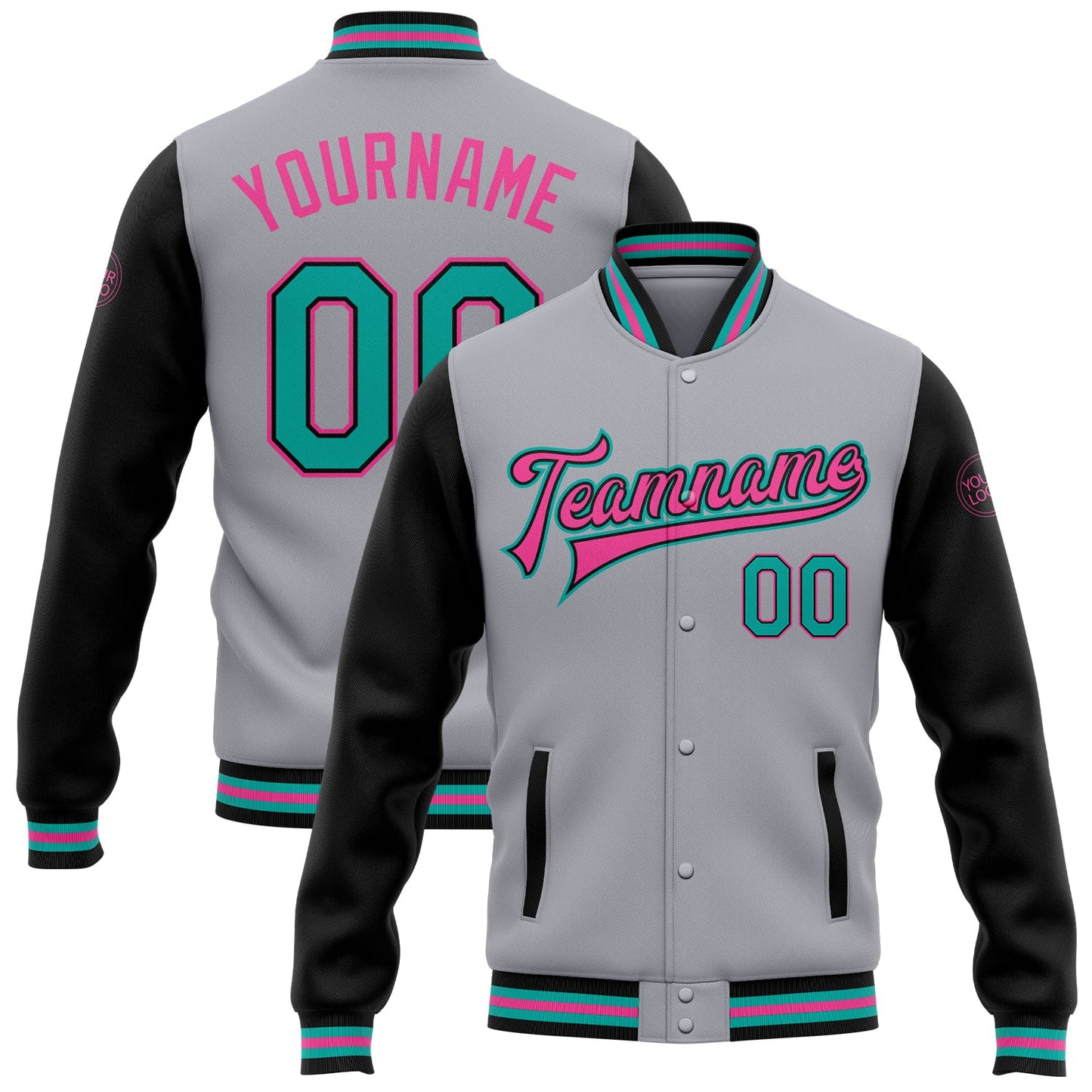 Custom Gray Aqua Black-Pink Bomber Full-Snap Varsity Letterman Two Tone Jacket - Main View