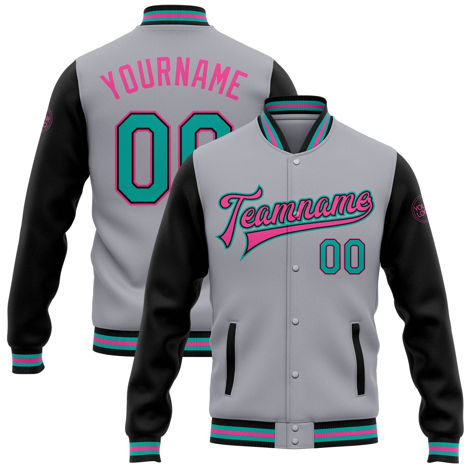 Custom Gray Aqua Black-Pink Bomber Full-Snap Varsity Letterman Two Tone Jacket - Main View
