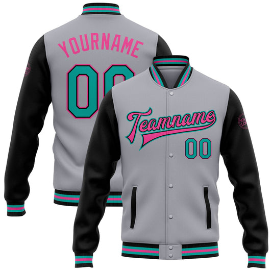 Custom Gray Aqua Black-Pink Bomber Full-Snap Varsity Letterman Two Tone Jacket - Main View