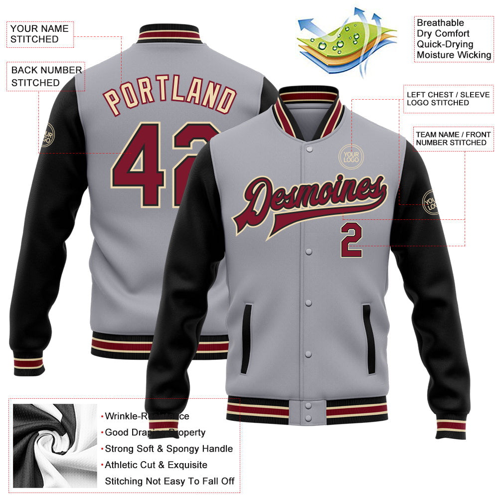 Custom Gray Crimson Black-City Cream Bomber Full-Snap Varsity Letterman Two Tone Jacket view 5