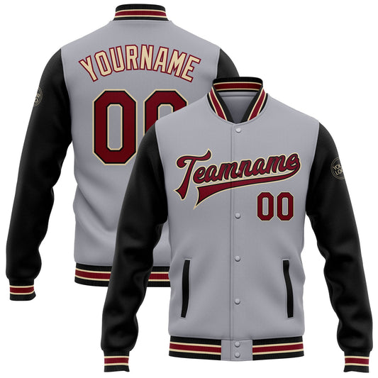 Custom Gray Crimson Black-City Cream Bomber Full-Snap Varsity Letterman Two Tone Jacket - Main View