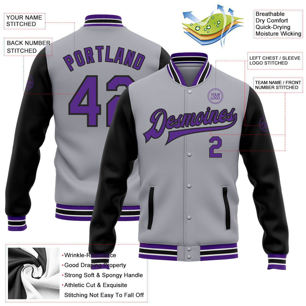 Custom Gray Purple-Black Bomber Full-Snap Varsity Letterman Two Tone Jacket view 5