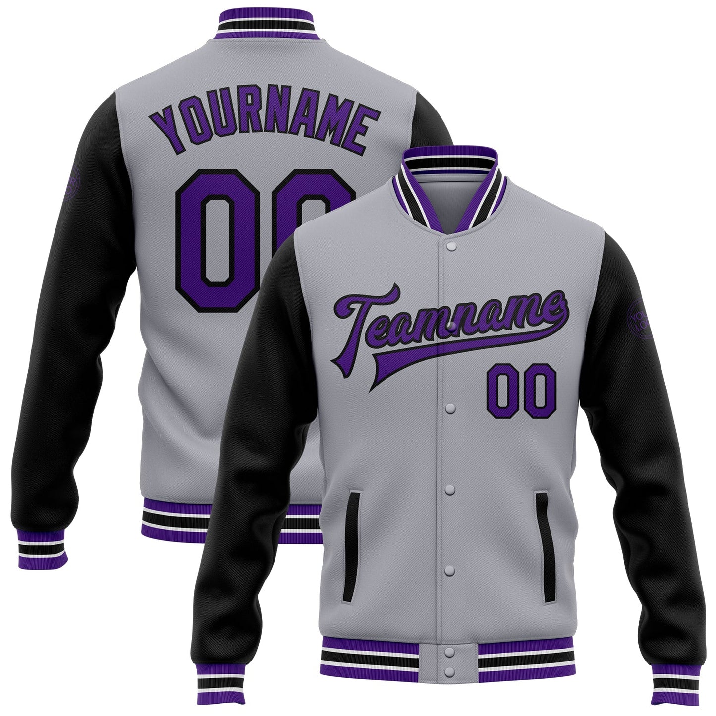 Custom Gray Purple-Black Bomber Full-Snap Varsity Letterman Two Tone Jacket - Main View