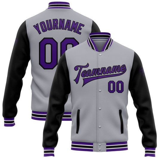 Custom Gray Purple-Black Bomber Full-Snap Varsity Letterman Two Tone Jacket - Main View
