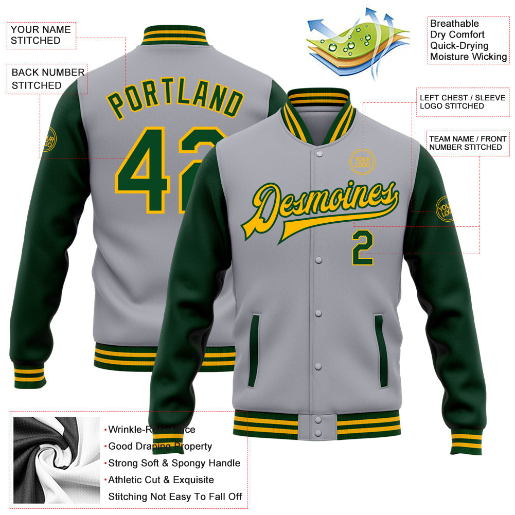 Custom Gray Green-Gold Bomber Full-Snap Varsity Letterman Two Tone Jacket view 5