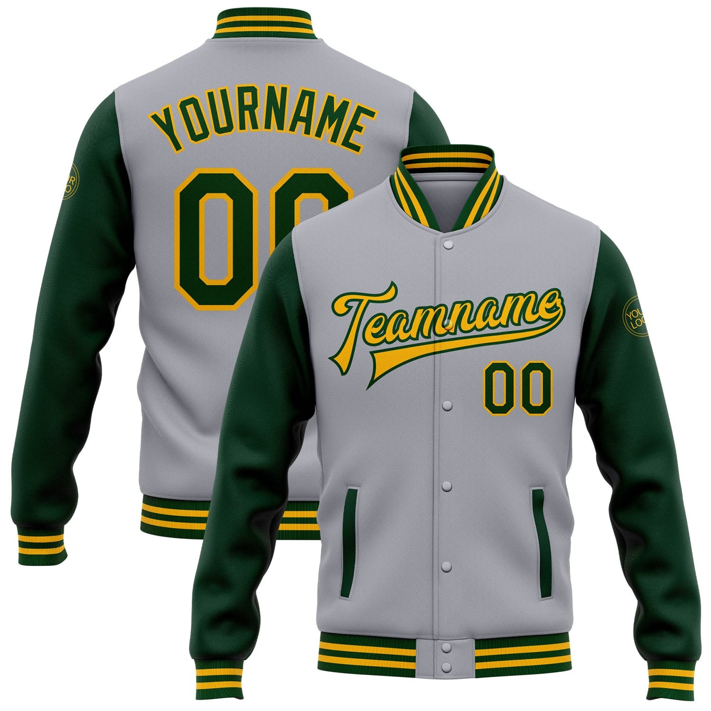 Custom Gray Green-Gold Bomber Full-Snap Varsity Letterman Two Tone Jacket - Main View