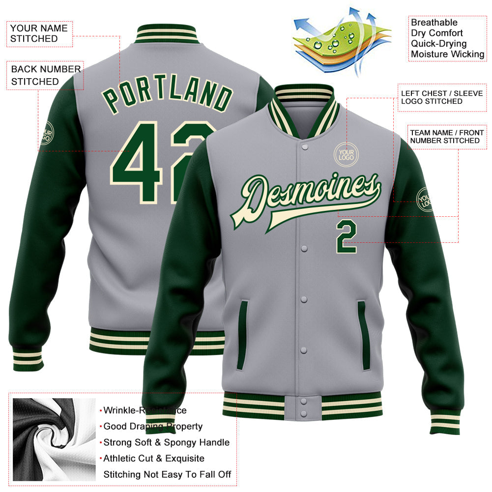 Custom Gray Green-Cream Bomber Full-Snap Varsity Letterman Two Tone Jacket view 5