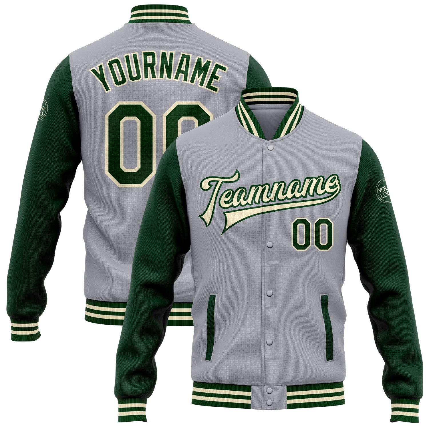 Custom Gray Green-Cream Bomber Full-Snap Varsity Letterman Two Tone Jacket - Main View