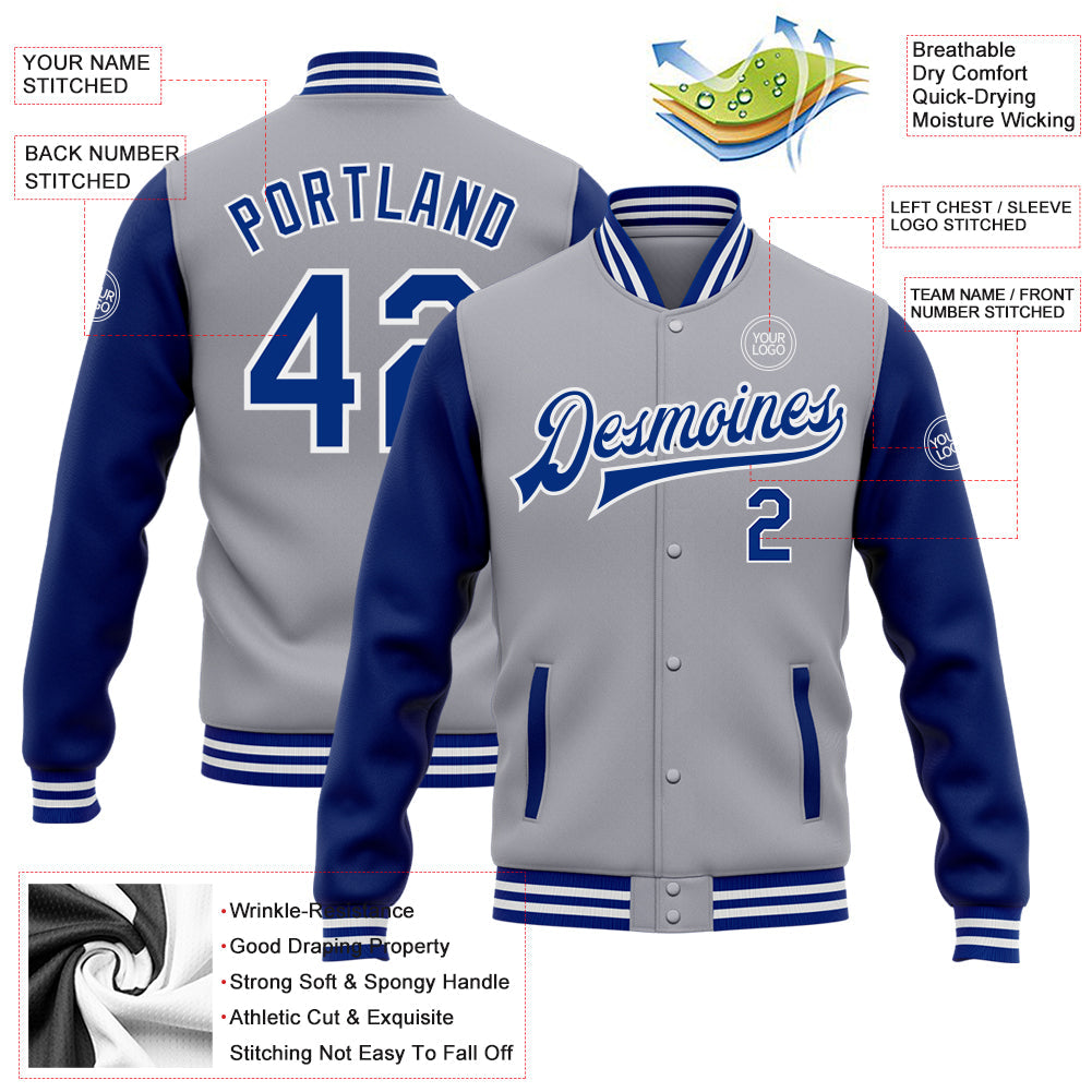 Custom Gray Royal-White Bomber Full-Snap Varsity Letterman Two Tone Jacket view 5